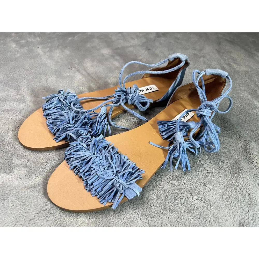 Steve Madden Fringly Blue Suede Fringe Lace-Up Ankle Wrap Sandals 9M